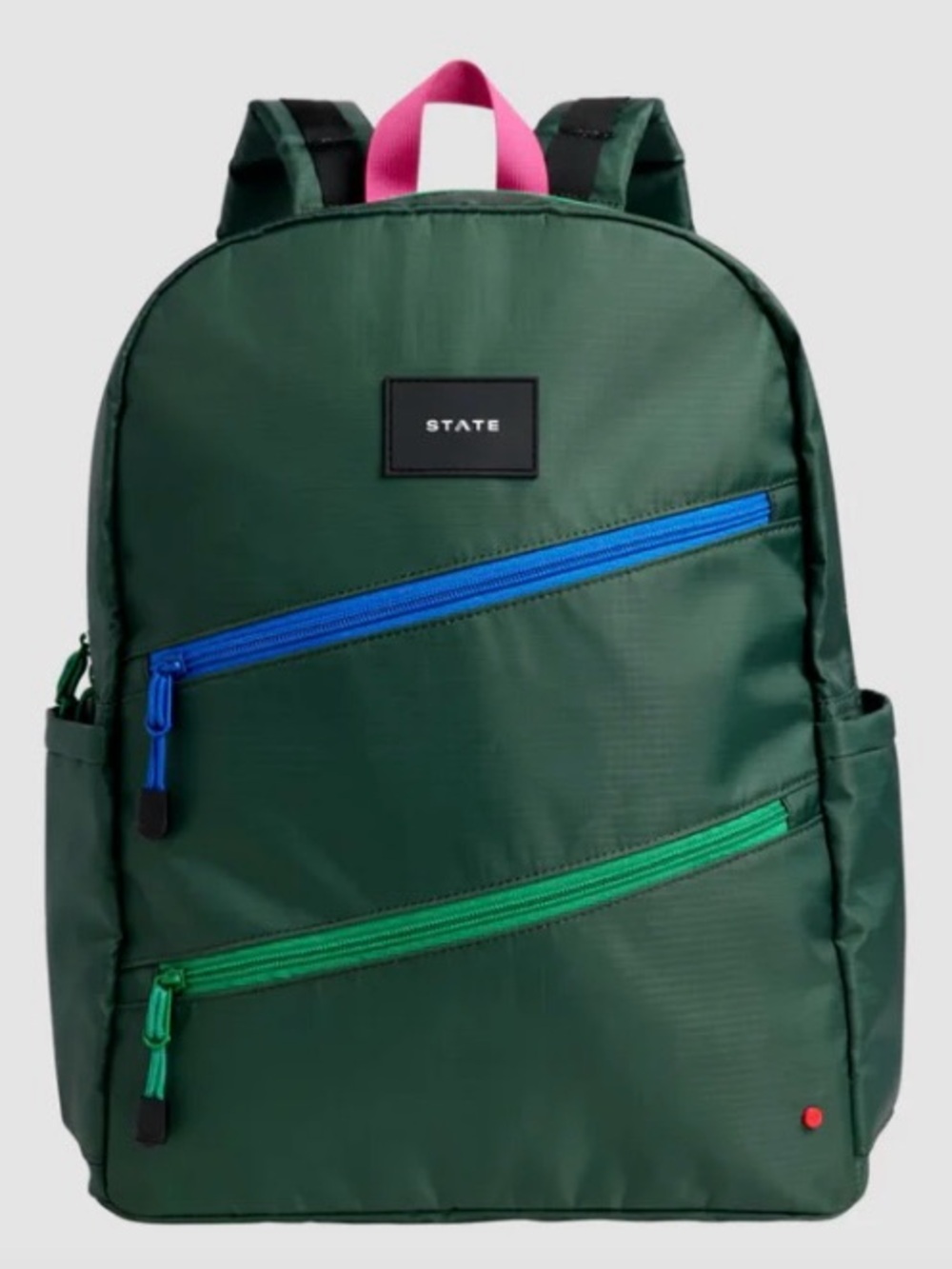 NWT STATE Dark Green Backpack with Blue & Green Zippers and Pink Loop